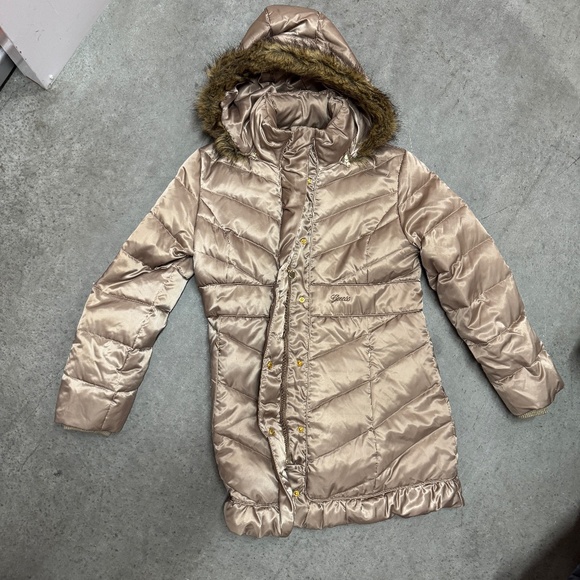 Guess - Champagne/Taupe Mid-length Down Puffer Coat w/Removable Fur-Lined Hood - Picture 1 of 8